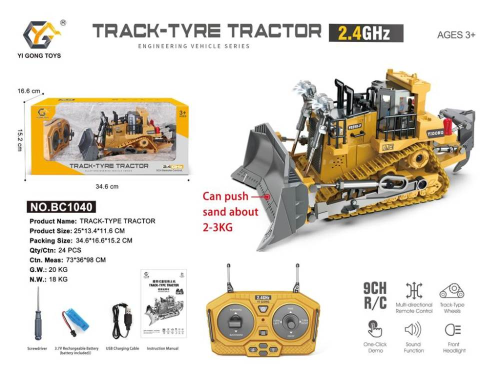 1:24 Bulldozer RC de plástico de 9 canales BC1040