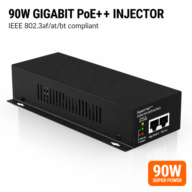 High Power 802.3bt 90W 1000Mbps Single Port Gigabit Auto Sensing 4KV Surge Plug and Play PoE Injector for PTZ Dome Camera AP