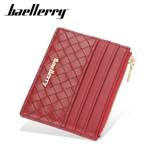 Baellerry Women's Card Holder Red PU Leather Woven Texture Zipper <b>Compact</b> <b>Wallet</b> For Everyday Use - Product Image 1