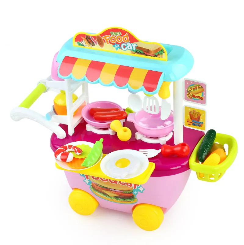 Play house-Juego de vajilla de cocina, simulación de mini carrito de comida rápida, juego de juguetes de cocina real para el hogar