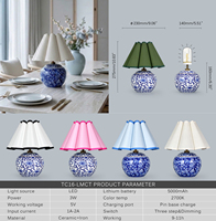 Lampe de table moderne en céramique émaillée rechargeable avec abat-jour en tissu, lampe de table en porcelaine bleue et blanche