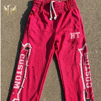 Pantalon de jogging HUITENG personnalisé à taille haute, imprimé avec logo, garniture à rivets perlés, coupe droite, double poches arrière, effet délavé et usé