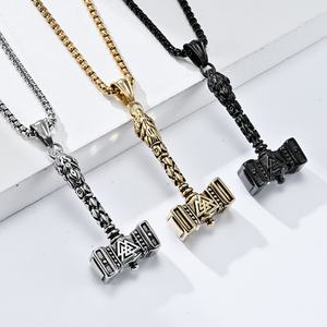Wholesale Nordic Viking Stainless Steel Thor Hammer Mjolnir Odin <b>Wolf</b> Vegvisir Pendant <b>Necklace</b> Vintage Style 18K Gold Plated - Product Image 5