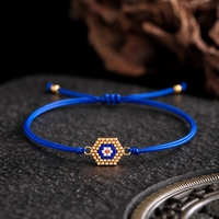 Gelang Mata Jahat Berhias Manik-Manik, Tali Nilon Biru yang Dapat Disesuaikan dengan Paduan Seng Berlapis Emas, Perhiasan Hadiah Etnik