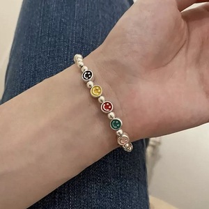 S925 Sterling Silver <b>Rainbow</b> Smiley Face Beaded <b>Bracelet</b> Unisex Everyday Wear Jewelry - Product Image 1
