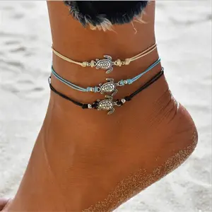 ZRM 时尚复古银海龟脚链手镯双重使用 3 种颜色手工制作的脚链海滩皮革绳索脚链首饰