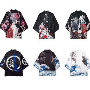 Kimono de mode japonaise Harajuku 2023, blanc et noir, cardigan pour hommes et femmes, chemisier Haori <span class=keywords><strong>Obi</strong></span>, vêtements asiatiques, samouraï - Product Image 6