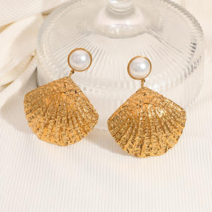 Pendientes Colgantes con Diseño de Espina de Pescado, Chapados en Oro de 18k, Acero Inoxidable, Perla y Concha, Estilo Vintage, Joyería de Moda - Product Image 3