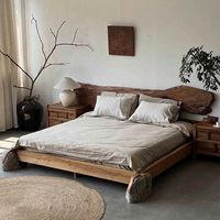 Lit bas en bois de pin massif de style Wabi-sabi, taille King, personnalisable, pour chambres parentales et hôtels