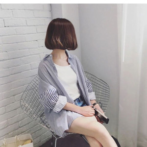 2025批发女式拼布条纹衬衫春秋Midi长度宽松女式休闲衬衫和衬衫 - Product Image 5