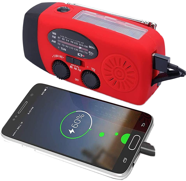 Solar Powered Emergency Hand Crank Weather Radio Portable AM/FM/NOAA LED Flashlight Display Screen Plastic Material for Home RED