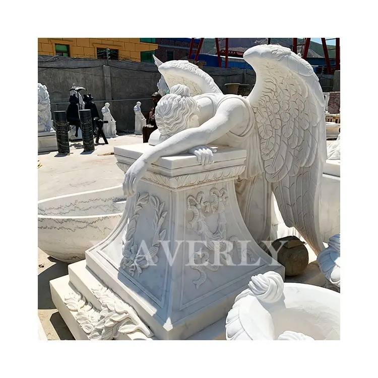 White Marble Monument Sad Crying Angels Garden Statues Life Size Cemetery Sculpture Tombstone Stone Weeping Angel Headstone