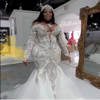 Grande taille sirène Aso Ebi robes de mariée 2025 brillant cristal dentelle perlée Royal Train à manches longues noir fille robe de mariée