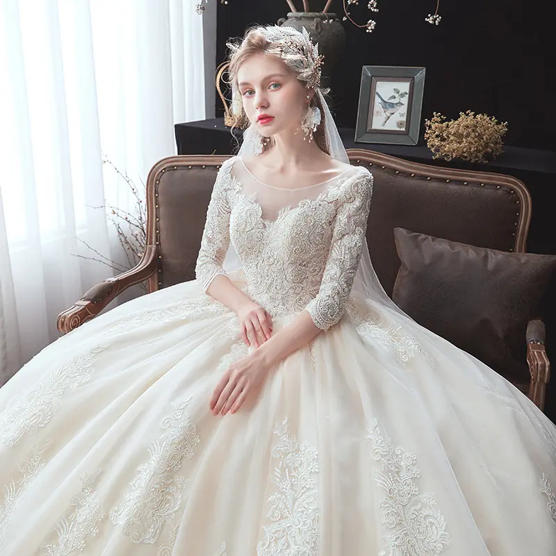 Magicmk Wholesale latest style lace mesh long sleeve bridal luxury exquisite A-line wedding dress