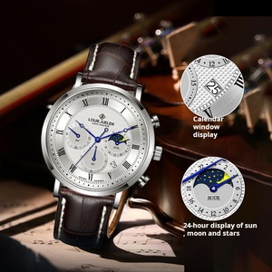<span class=keywords><strong>Montre</strong></span> à quartz en <span class=keywords><strong>acier</strong></span> inoxydable pour homme avec chronographe, phase de lune et date |   Résistant à l'eau 3BAR |   Bracelet en cuir véritable - Product Image 5