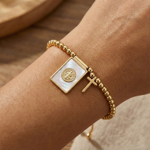 Go2boho - Productos Cristianos, Pulsera <span class=keywords><strong>de</strong></span> San Benito, Colgante <span class=keywords><strong>de</strong></span> Concha <span class=keywords><strong>de</strong></span> Nácar, Cruz, Amuleto, Joyería Chapada en Oro - Product Image 3