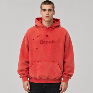 Men's Heavyweight Hoodies Screen Printed <strong>Oodie</strong> Oversized Vintage Oversized Red Acid Wash Distressed Cotton Hoodie - Product Image 1