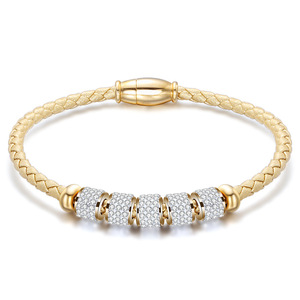 Crystal <b>Bracelet</b> Women's Silver <b>Gold</b> Braided Leather Magnetic Clasp Micro Pave <b>Beads</b> Everyday Wear Jewelry AB1184 - Product Image 2