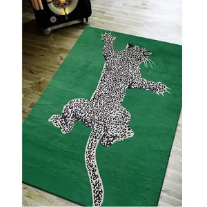 high quality hand made green color leopard design wool carpet area rug
