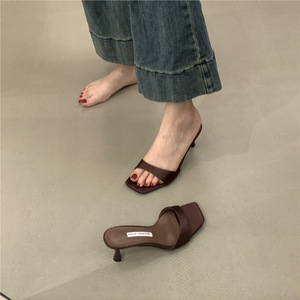 Square Toe High Heel <b>Slides</b> PU Material Slip-On Fashion Trend Summer Women's Shoes Black <b>White</b> Brown Colors - Product Image 2