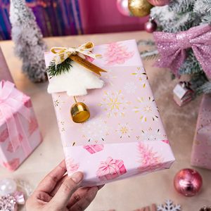 Reversible Christmas <b>Wrapping</b> <b>Paper</b> Roll 17x33 Feet Pink Gold Snowflake Tree Design Gift Craft Use - Product Image 4
