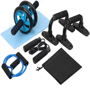 Ab Wheel Roller Set dengan Push-UP Bar Lompat Tali dan Bantalan Lutut Peralatan Latihan Gym Rumah untuk Latihan Di Rumah-Pelatihan Kebugaran Otot