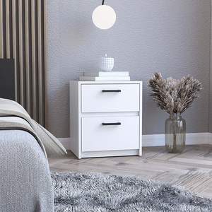 Solid Wood DB Nightstand with Two Drawers <b>White</b> Finish Minimalist Modern Design Foldable <b>Bedside</b> <b>Cabinet</b> for Apartment Use - Product Image 6
