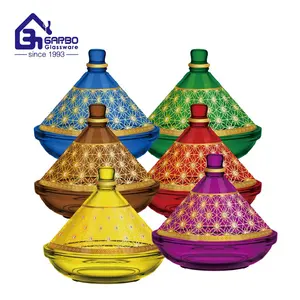 Cổ điển Morocco phong cách sang trọng vàng thủy tinh Tajine nồi đầy màu sắc phổ biến Arab UAE ngày phục vụ thủy tinh Tajine kẹo nồi với nắp
