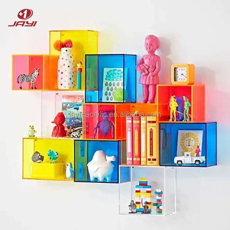 Cubo da appendere a parete in acrilico con scatola da esposizione per bambini in Lucite di colore chiaro Neon luminoso personalizzato JAYI