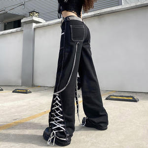 Pantaloni dritti con lacci estetici da <span class=keywords><strong>donna</strong></span> gotici larghi in jeans con lacci e Patchwork Dark Academia Streetwear Punk - Product Image 5