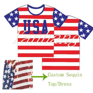 Custom American Sequin Stars Stripes Tops July 4th Round Neck Short Sleeve Sequin Crop Top For Women