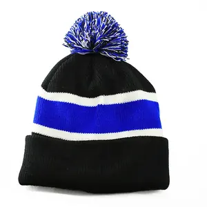 OEM Pom topi bergaris uniseks, topi olahraga musim dingin kualitas tinggi, topi rajut Ski hangat, topi Beanie lapis Jacquard akrilik