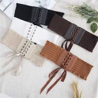 Ceinture large pour femme, ajustable à la taille, avec dentelle à pampilles, garniture décorative en dentelle, nœud, boucle en fer et bouton-pression, longueur 65 cm
