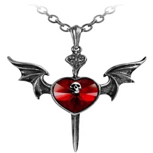 Custom Oxidized Silver Cross <strong>Sword</strong> Bat and Heart, Ruby Skull Vampire <strong>Necklace</strong> for Halloween - Product Image 1