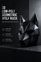 Masque de loup géométrique original pour fête d'Halloween, style low poly intégral en noir mat