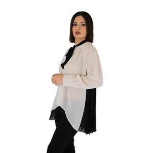 Donna Camicia Beige Nero Long Sleeve <b>Blouse</b> With Black <b>Neck</b> <b>Tie</b> Asymmetric Hem Women's Top - Product Image 4