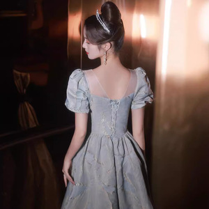 Evening Gown Female Sweetheart Neckline Empire Waist Blue Gray Long Dress Party Performance Banquet Elegant Host Spring Fashion - Product Image 4