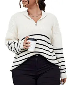 Accept Customization Black and white casual knitwear half zipper turn down collar sweater striped oversize knitted top