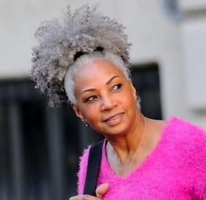 Sal y pimienta pelo gris plata pelo natural puff pan negro de las mujeres clip en cordón Grey de cola de caballo de pelo humano 120g - Product Image 5