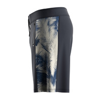 Short de plage pour homme noir à motif feuille de palmier, poche latérale zippée, protection UPF50+, compartiment à boutons inversés