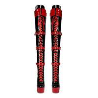 Bottines sexy en cuir PU, noires et rouges, avec boucle, au-dessus du genou, talons aiguilles, chaussures grandes tailles, plateforme, talons hauts, bottes pour femmes