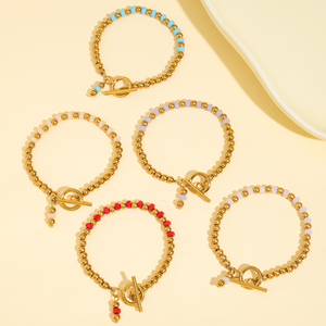 สร้อยข้อมือผู้หญิง Bingxin 18K PVD ชุบเหล็กกันน้ำ ประดับด้วยหินธรรมชาติหลากสีทรงกลมสีทอง พร้อมตัวล็อกแบบ <span class=keywords><strong>OT</strong></span> เหมาะสำหรับเป็นของขวัญในชีวิตประจำวัน - Product Image 3