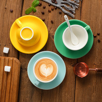 Tasses à café et soucoupes en céramique épaissies, colorées et brillantes, pour cappuccino, latte et expresso, réutilisables, avec logo personnalisé