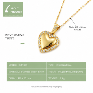 Collier avec pendentif en forme de cœur en acier inoxydable plaqué or 14 carats, bordure en zircon, chaîne à maillons réglable 410+50 mm - Product Image 4