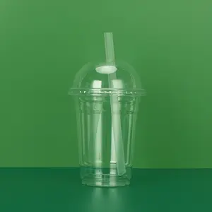 맞춤형 로고 90mm 아이스 커피 버블 보바 밀크 티 요구르트 플랫 뚜껑 돔 뚜껑이있는 투명 일회용 플라스틱 컵