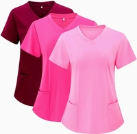 Expédition Rapide Blouse d'Infirmière Col en V Manches Courtes Poches Appliquées Vêtement Femme Haut d'Uniforme d'Infirmière