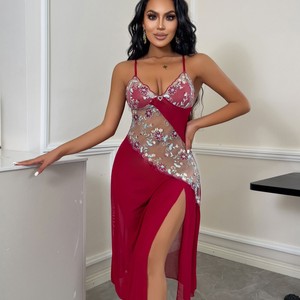 <span class=keywords><strong>Camicia</strong></span> <span class=keywords><strong>da</strong></span> <span class=keywords><strong>Notte</strong></span> Sexy con Ricami Floreali, Sottoveste in Rete con Apertura Laterale Irregolare, Eleganza Romantica in Pizzo Elastico per l'Estate - Product Image 1