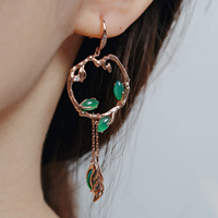 Boucles d'oreilles YBO au design unique, plaquées or 18 carats, en argent sterling 925, avec jade naturel et calcédoine, style vigne, vintage, pour mariage et fiançailles