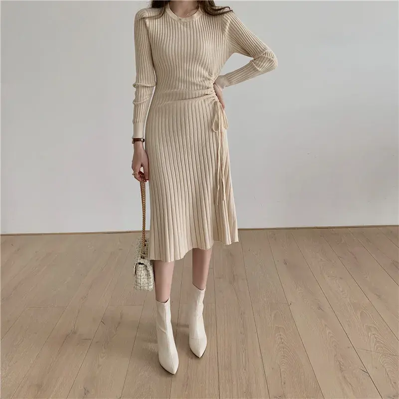 니트웨어 제조 업체 사용자 정의 봄 가을 우아한 캐주얼 울 혼합 드레스 여성 유럽 스웨터 니트 원피스