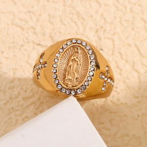 Anneaux en or 18 carats pour hommes en acier inoxydable, personnalisés, luxe léger, micro-incrustés de zircon, <span class=keywords><strong>camée</strong></span> en forme de dôme, Vierge Marie, croix - Product Image 3